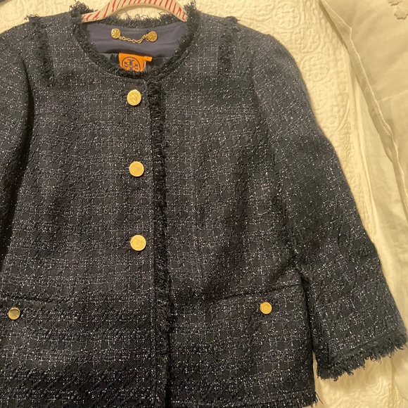 Tory Burch Emma Navy Tweed Three Quarter Sleeve Jacket 12 - Picture 2 of 15